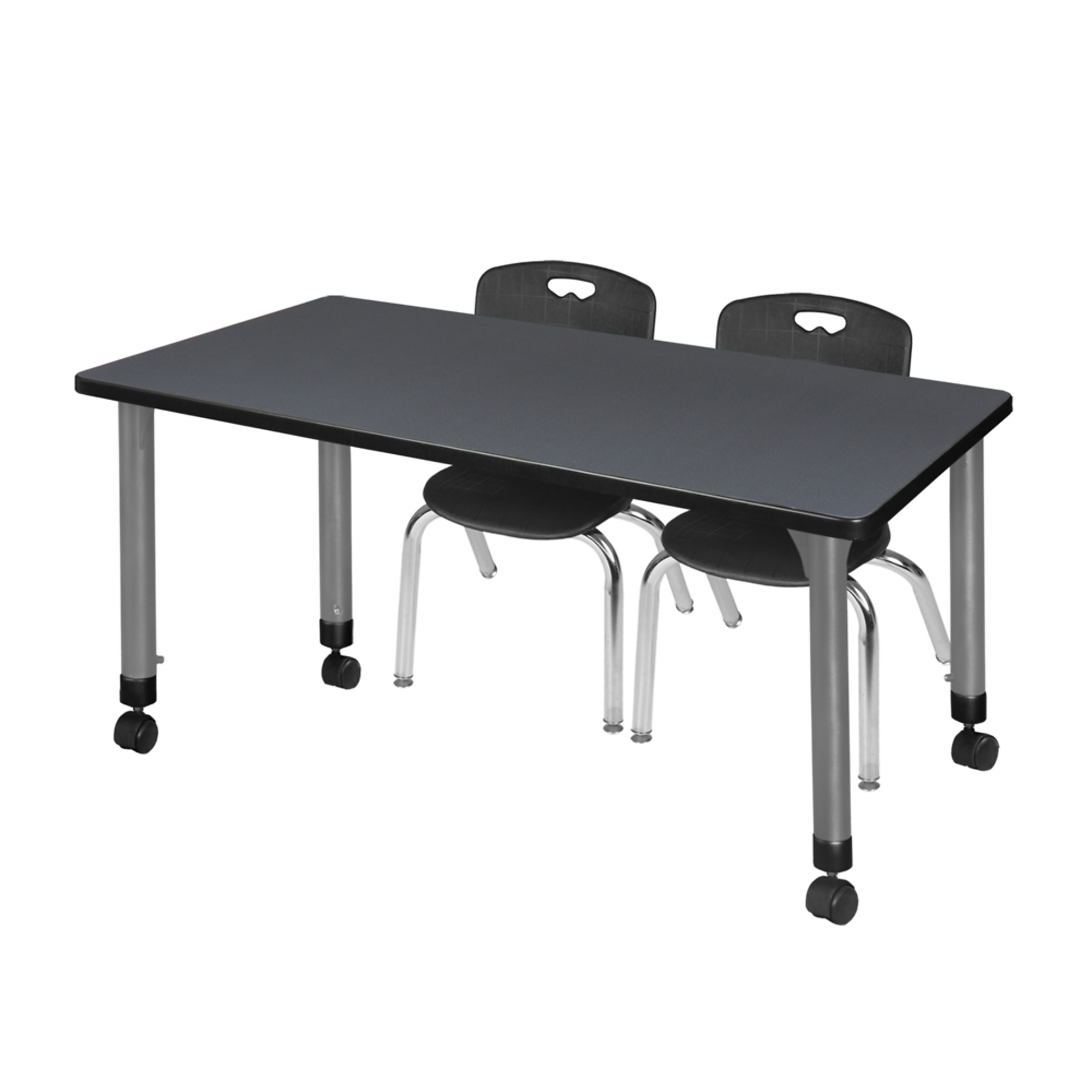 Regency Kee Mobile Adjustable Classroom Table — 48in. x 30in., Grey, Includes 2 Black Andy 12in. Stack Chairs, Model# MT4830GYAPCGY45BK